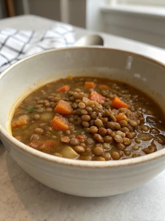 A beautifully set table with a bowl of vegan lentil soup, crusty bread, and a fresh side salad