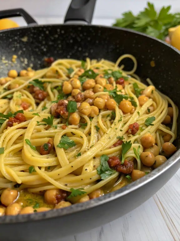 Final step for vegan pasta recipe — plated and ready