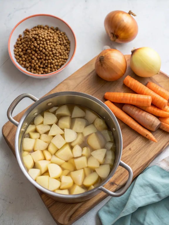 vegan shepherd's pie — sautéing vegetables Cooking onions and carrots for vegan shepherd's pie in a skillet