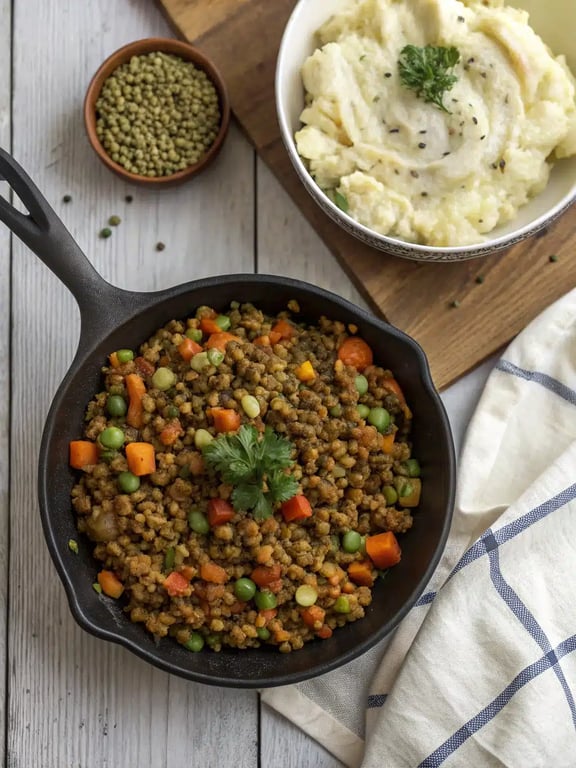 vegan shepherd's pie — mashing potatoes Mashing potatoes for the topping of a vegan shepherd's pie