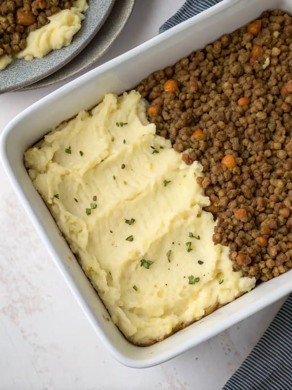vegan shepherd's pie — assembled and ready A fully assembled vegan shepherd's pie ready to go into the oven