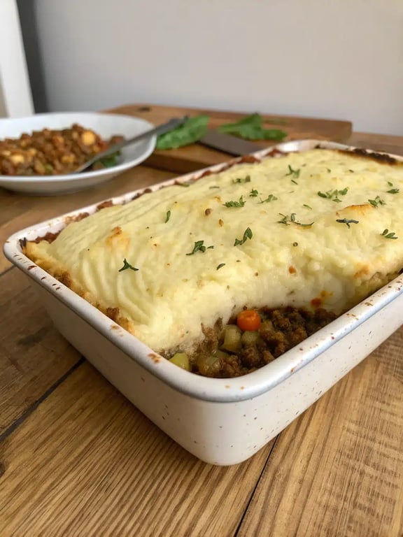 vegan shepherd's pie served with salad A beautifully plated slice of vegan shepherd's pie next to a fresh green salad
