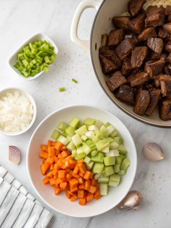 Checking the tenderness of beef in a simmering pot of vegetable beef soup