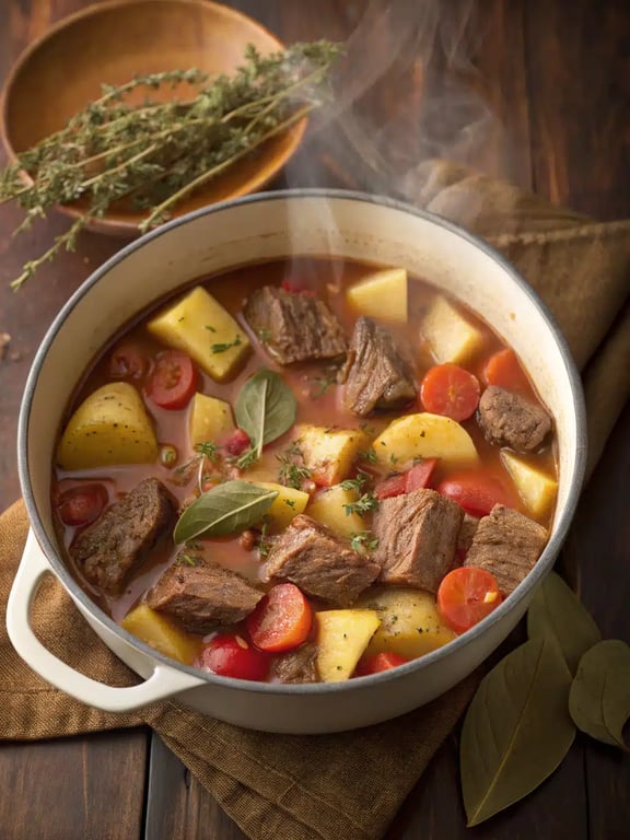 A ladle serving hot vegetable beef soup into a bowl, garnished with parsley