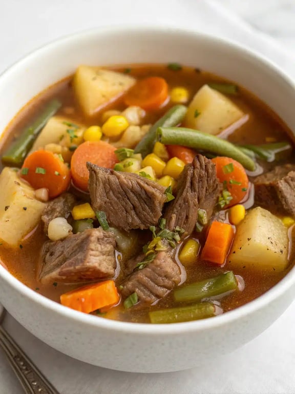 A beautifully set table with a bowl of vegetable beef soup, crusty bread, and a simple green salad