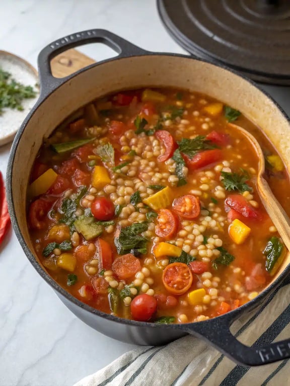 Final step for vegetarian barley soup — plated and ready