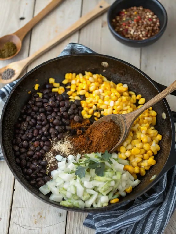 Step 2 for vegetarian burrito recipes — cooking the bean and corn filling in a skillet