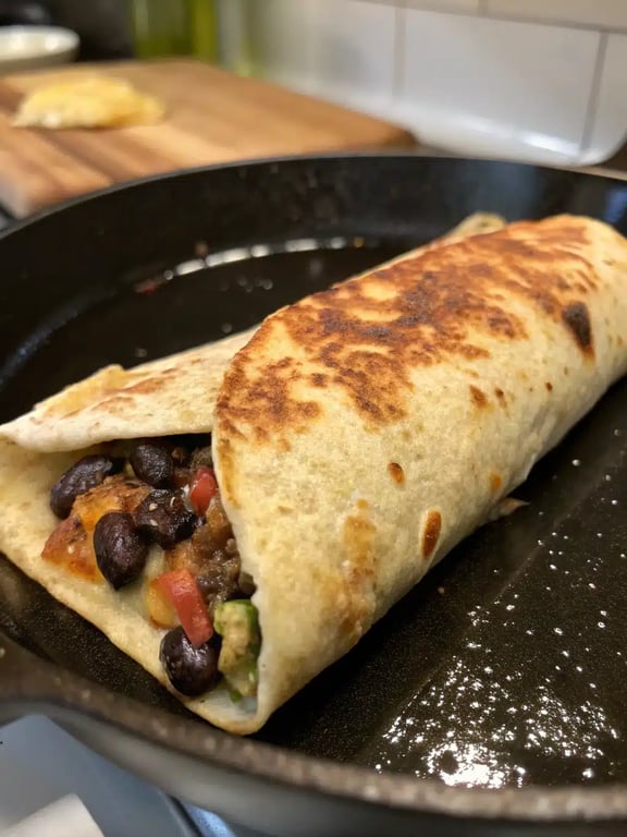 Final step for vegetarian burrito recipes — a perfectly rolled and golden brown burrito