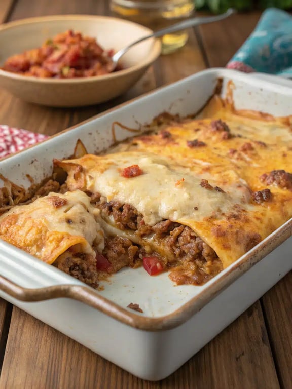 A beautifully plated serving of baked burrito casserole with fresh toppings