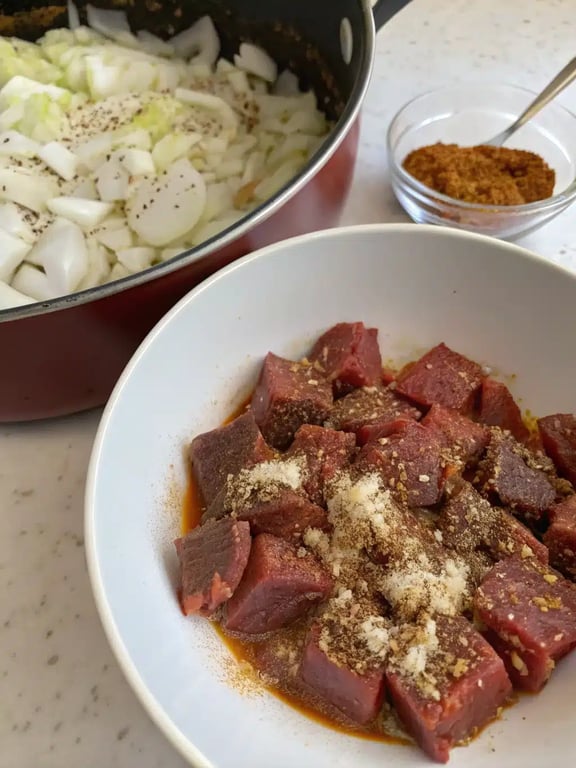 Step 4 for beef chile colorado — texture check