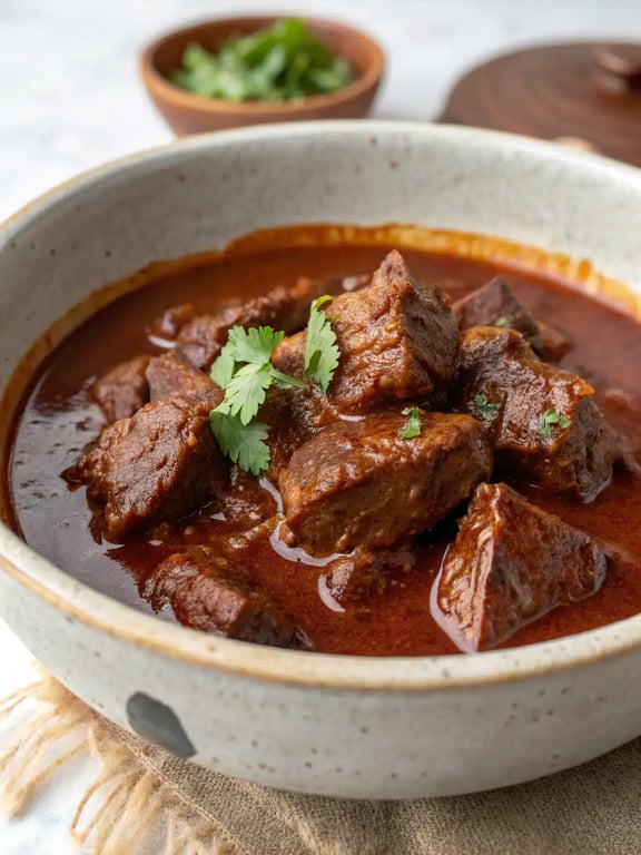 A bowl of beef chile colorado topped with cilantro, cheese, and sour cream, served with tortillas