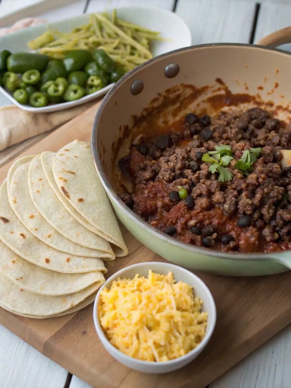 Layering the beef mixture and cheese over tortillas in a baking dish for the enchilada casserole