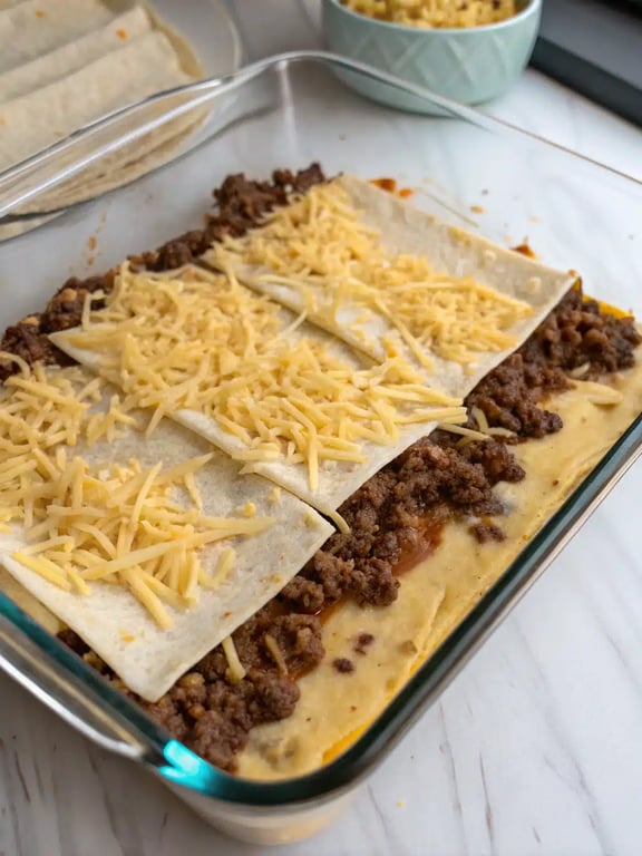 A fully baked and sliced beef enchilada casserole plated and ready to eat