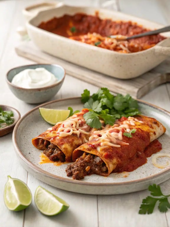 Make this easy beef enchilada recipe with seasoned ground beef and corn tortillas, baked until bubbly and served with your favorite toppings.