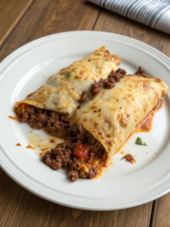 A beautifully plated beef enchilada recipe with fresh cilantro and sour cream