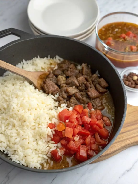 Step 4 for cheesy taco rice — texture check