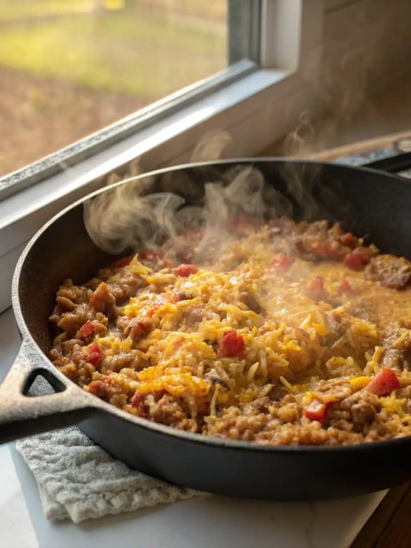Final step for cheesy taco rice — plated and ready