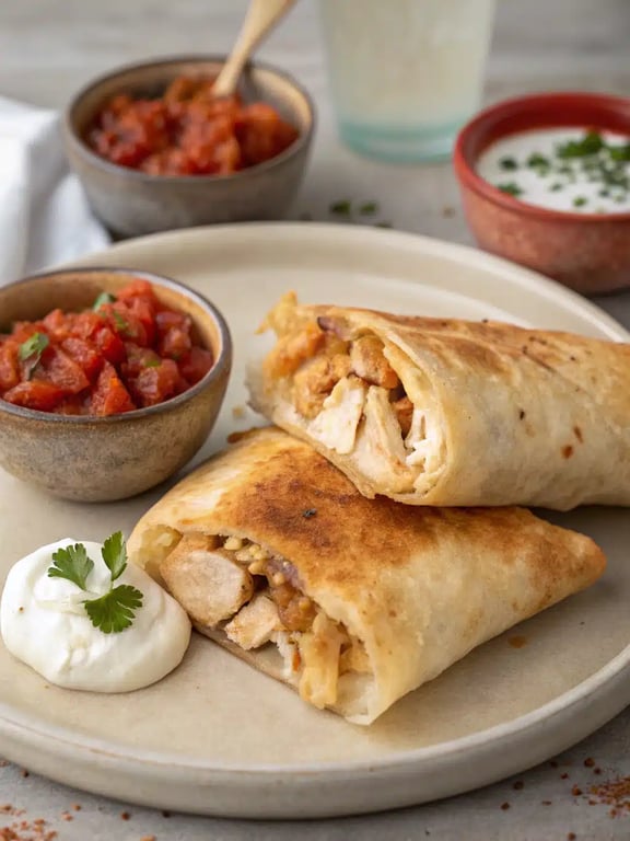 A beautifully plated chicken chimichangas recipe with sides of rice, beans, salsa, and sour cream