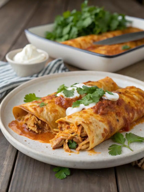 chicken enchiladas recipe beautifully plated with rice and beans