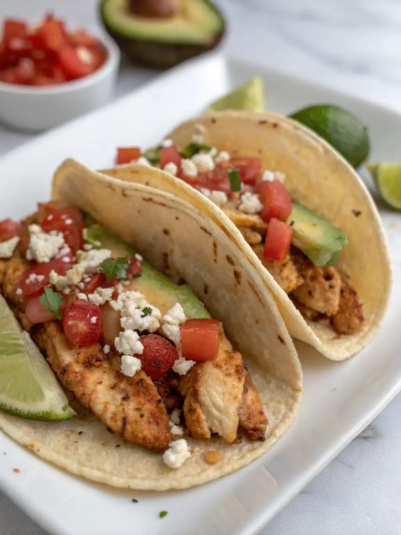 chicken street tacos served on a platter with lime wedges and toppings