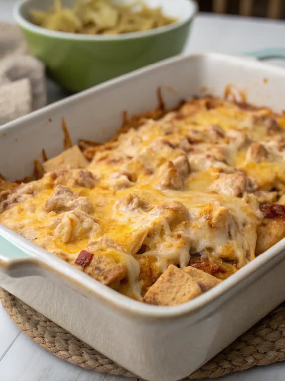 chicken taco casserole served on a plate with fresh garnishes and sides