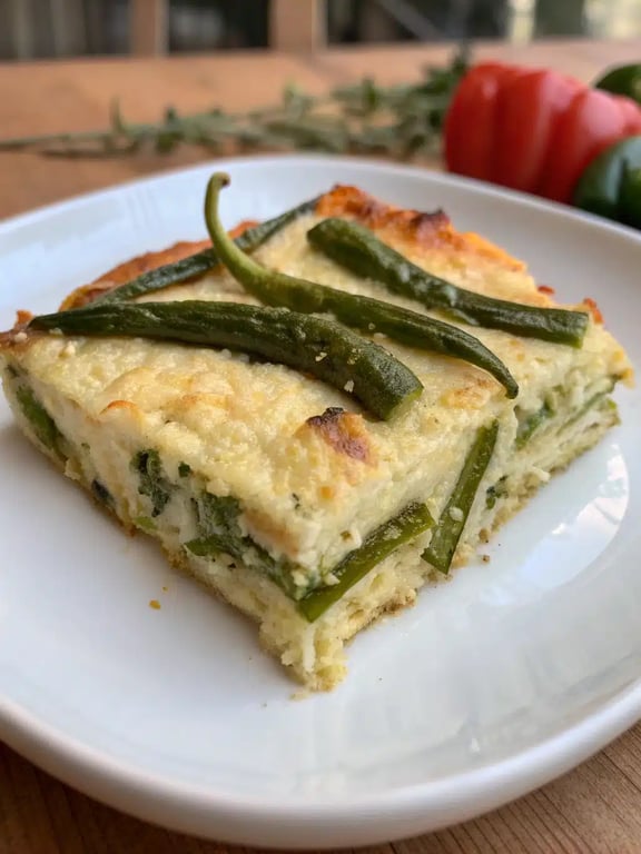 chile relleno casserole plated with sides of rice and salad