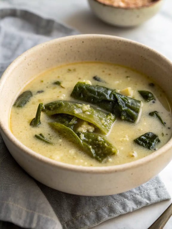 A beautifully styled bowl of chile relleno soup with garnishes