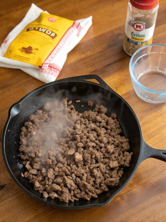 Step 2 for enchirito recipe — browning ground beef in a skillet
