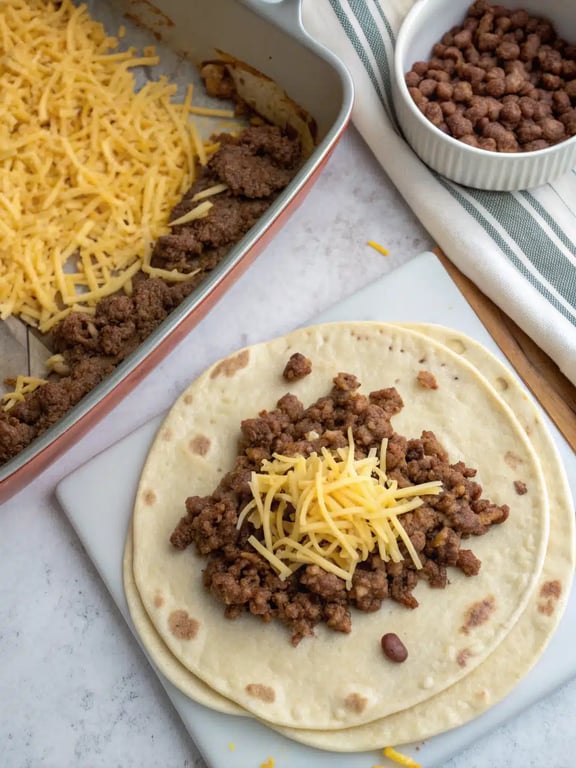 Step 4 for enchirito recipe — assembling tortillas with beef and beans