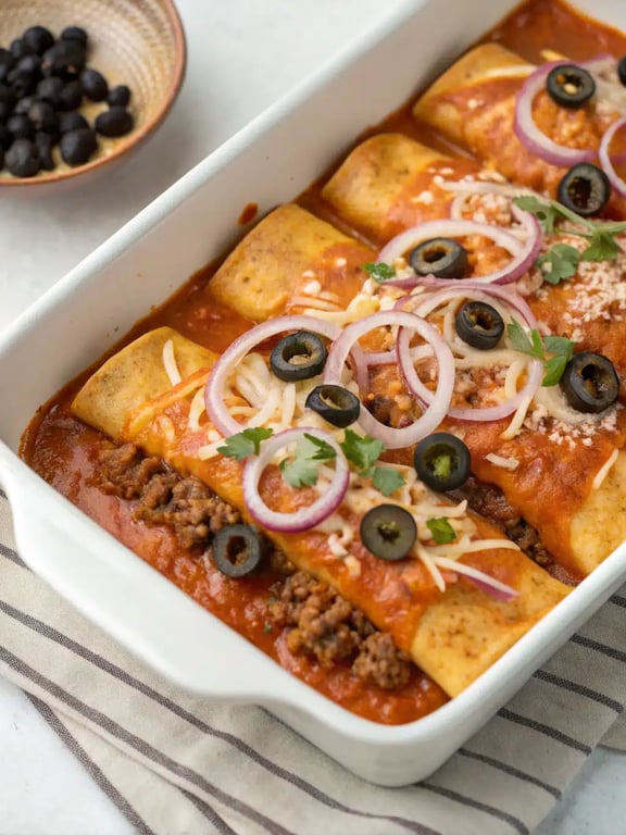 Final step for enchirito recipe — baked enchiritos plated and ready to eat