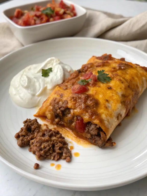 enchirito recipe plated with sides of rice and salad