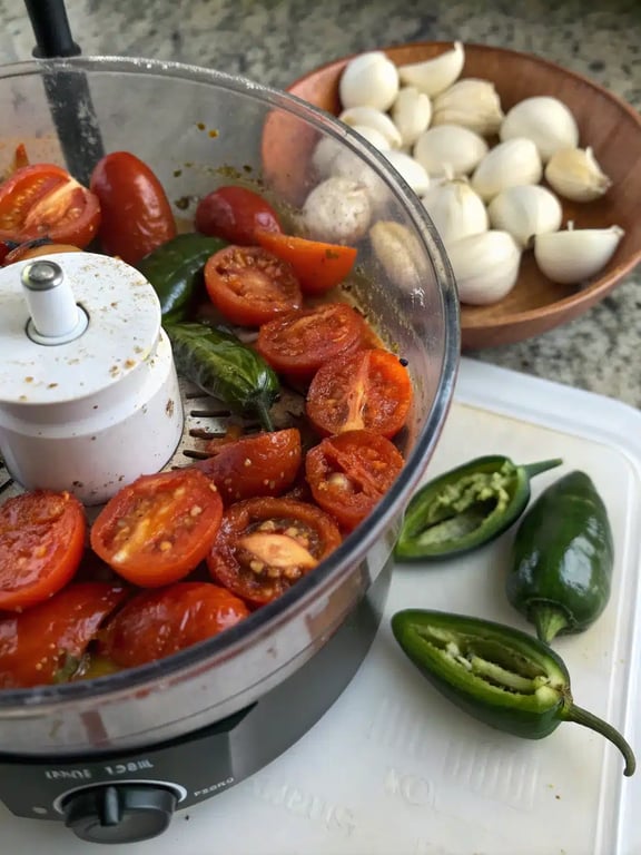 Step 4 for fire roasted salsa — texture check