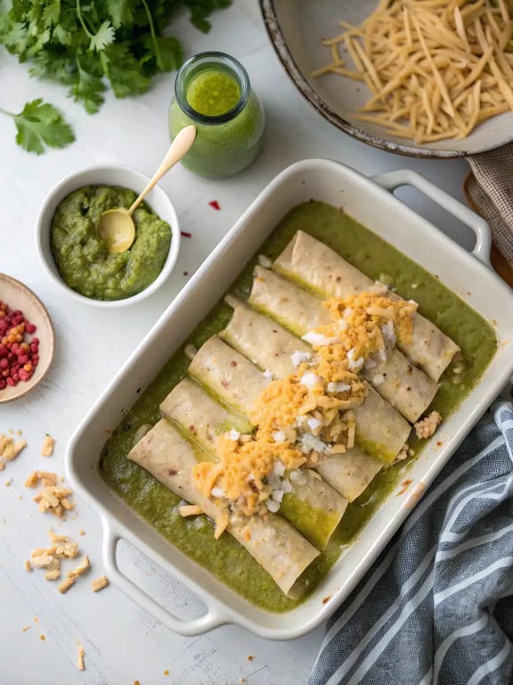 Final step for green chicken enchilada — plated and ready