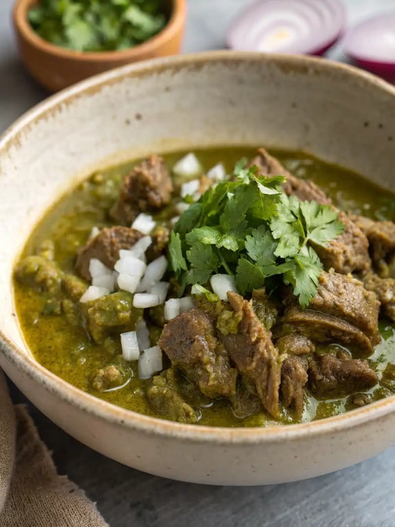 Mexican beef chile verde served in a bowl with rice and tortillas