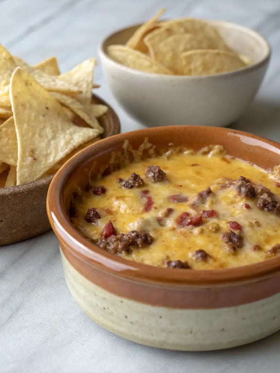 A festive serving platter with a bowl of warm mexican cheese dip surrounded by tortilla chips and vegetable sticks