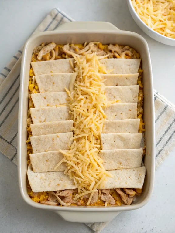 A fully baked Mexican chicken casserole, garnished with cilantro and ready to serve