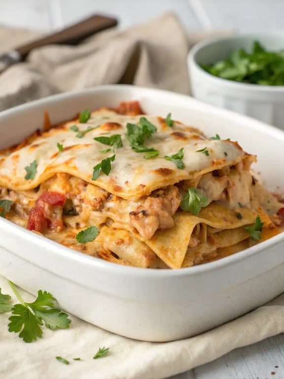 A beautifully plated slice of Mexican chicken casserole with sour cream, avocado, and lime on the side