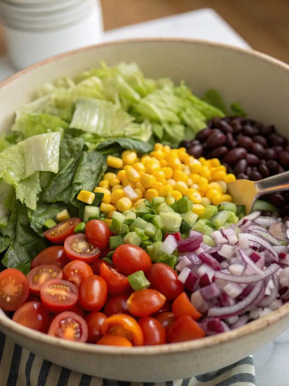 Step 4 for Mexican Chopped Salad — gently tossing ingredients with tongs