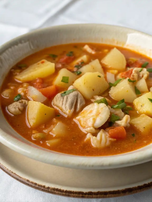 Mexican conch soup served in a bowl with lime and tortillas on the side