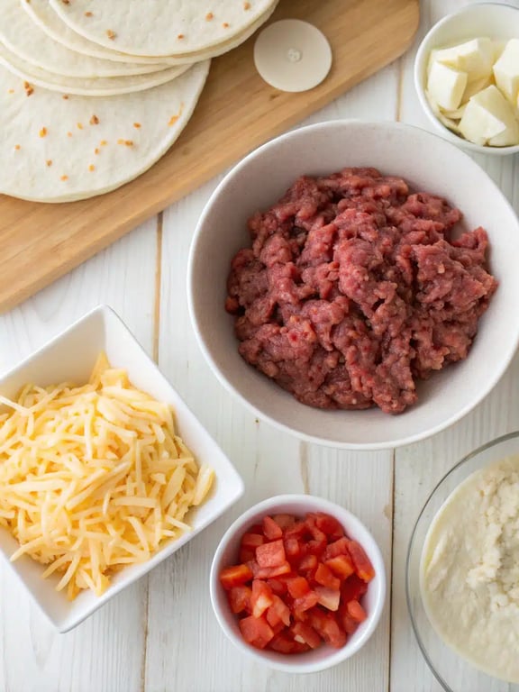 Mexican pizza recipe ingredients Mexican pizza recipe ingredients arranged on the counter