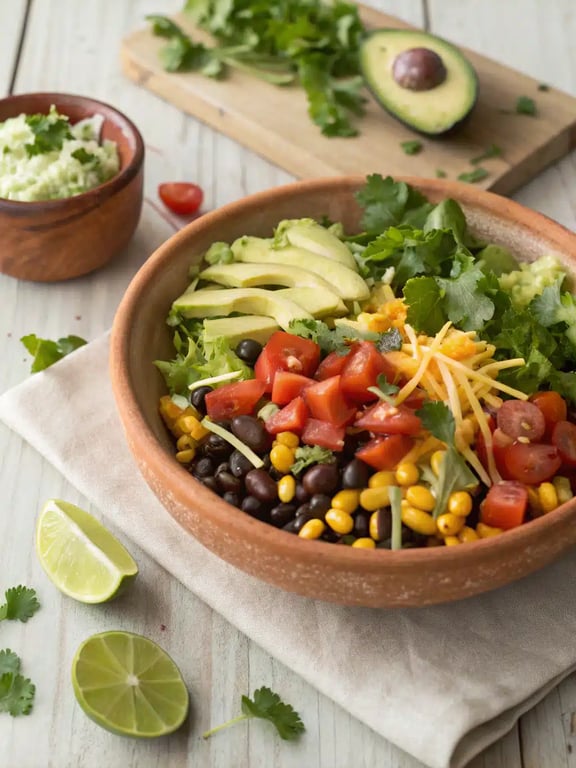 Try this easy Mexican salad recipe with grilled chili-lime chicken, served fresh with a creamy avocado and black bean salad topped with queso fresco.