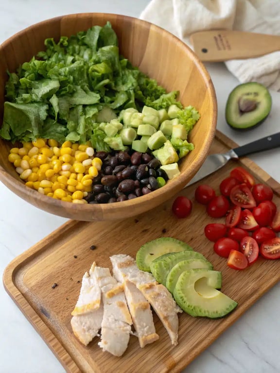 Step 4 for Mexican salad recipe, adding warm chicken and cheese to the salad bowl