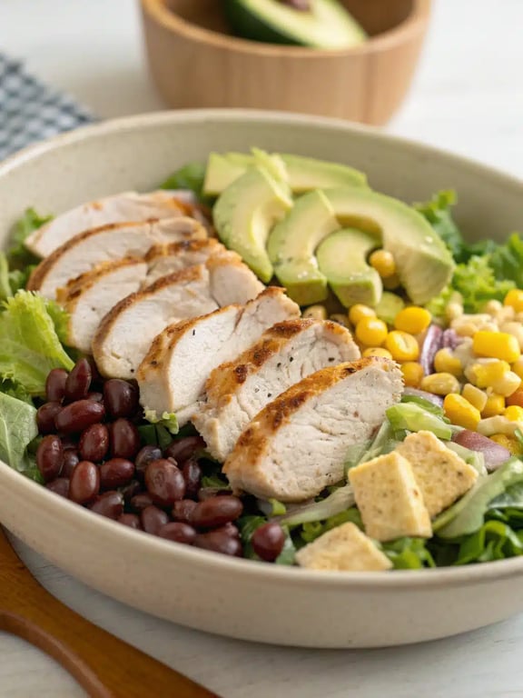 Mexican salad recipe served family-style in a large bowl with tortilla chips on the side