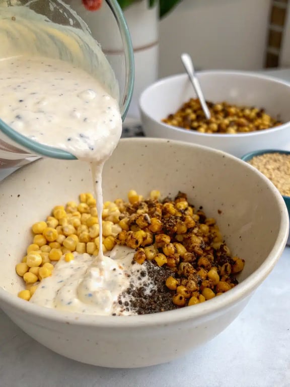 Folding the ingredients together for the Mexican street corn salad