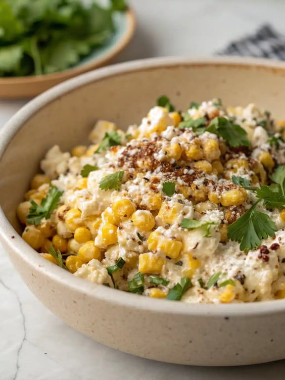 Mexican street corn salad served in individual bowls as a side dish at a summer barbecue