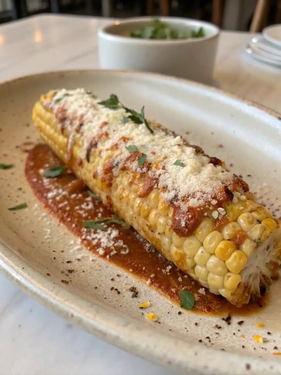 Spicy Mexican corn served on a platter with lime wedges and fresh cilantro garnish
