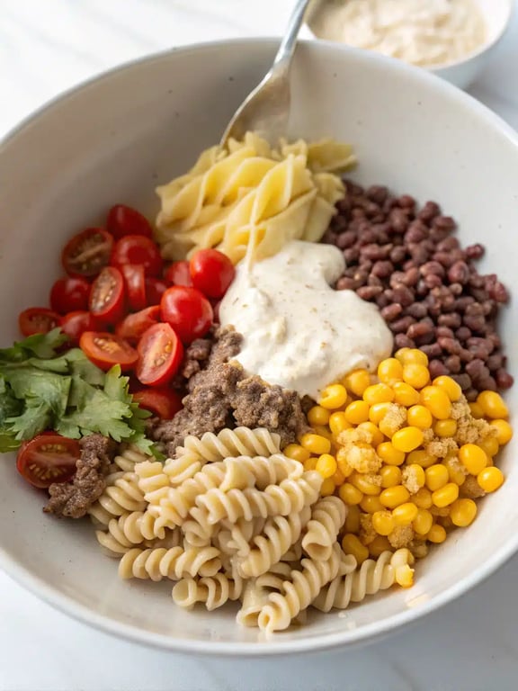 Step 4 for taco pasta salad — combining all ingredients in a large bowl