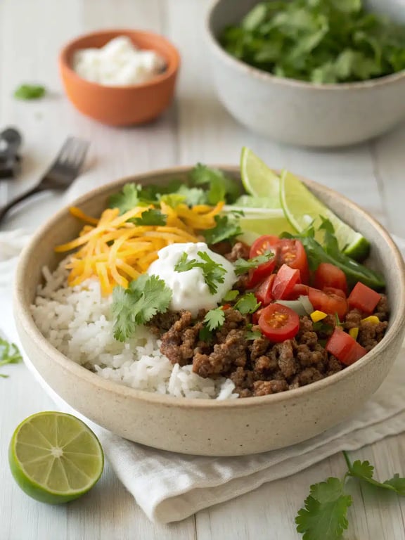Make an easy taco rice bowl with seasoned ground beef and fluffy rice, topped with cheese, beans, and fresh toppings for a satisfying meal.