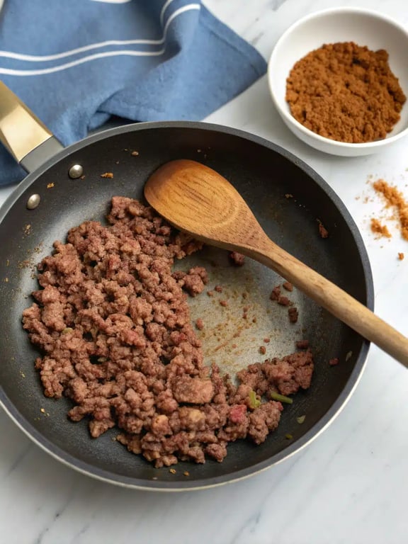 Step 2 for taco rice bowl — browning ground beef in a skillet