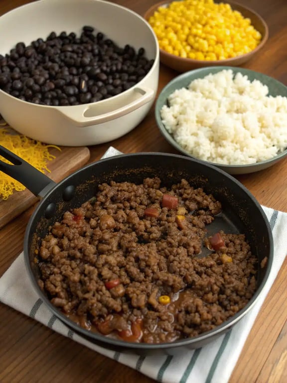 Step 4 for taco rice bowl — layering rice, beef, beans, and corn in a bowl